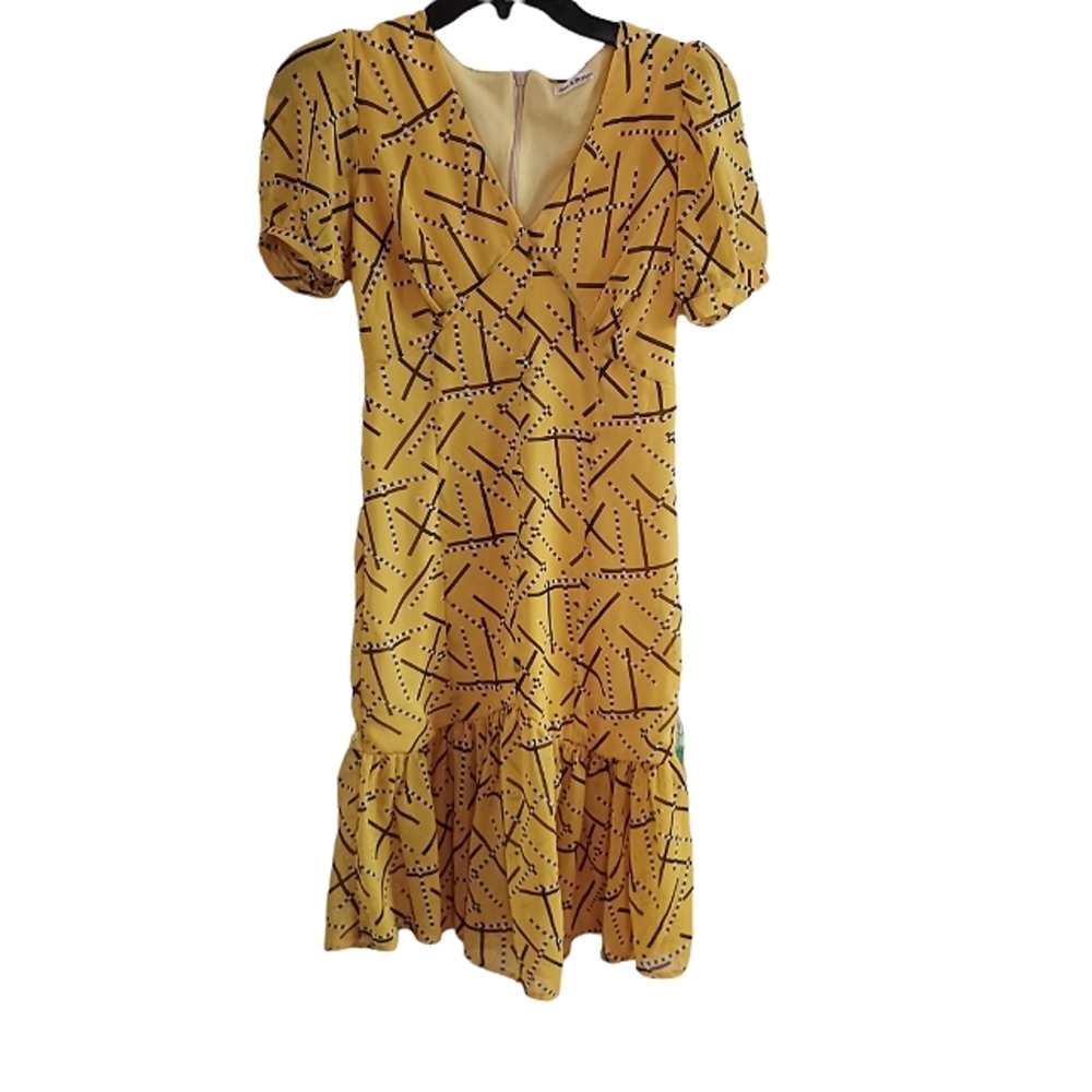 Eden & Orphae yellow V-neck ruffled hem vintage style dress Size XS/S